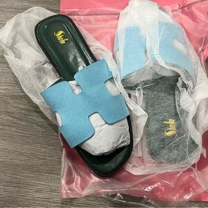 Shein Blue Green H Slide Sandals 9